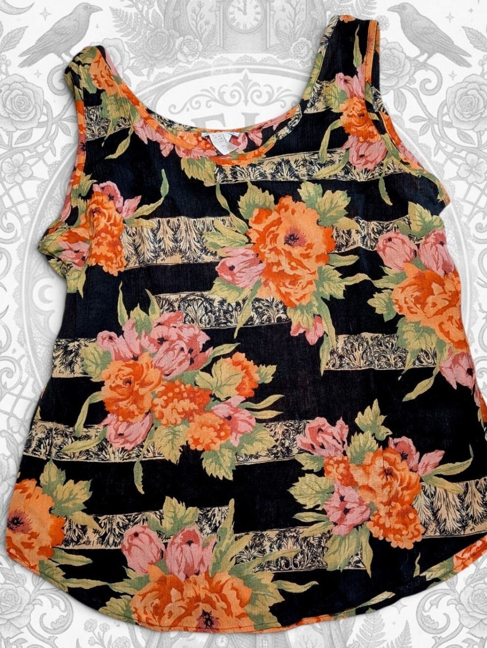 Vintage 90s Whimsigoth Tapestry Floral Tank Top Blouse M Black Orange Rayon Ormo